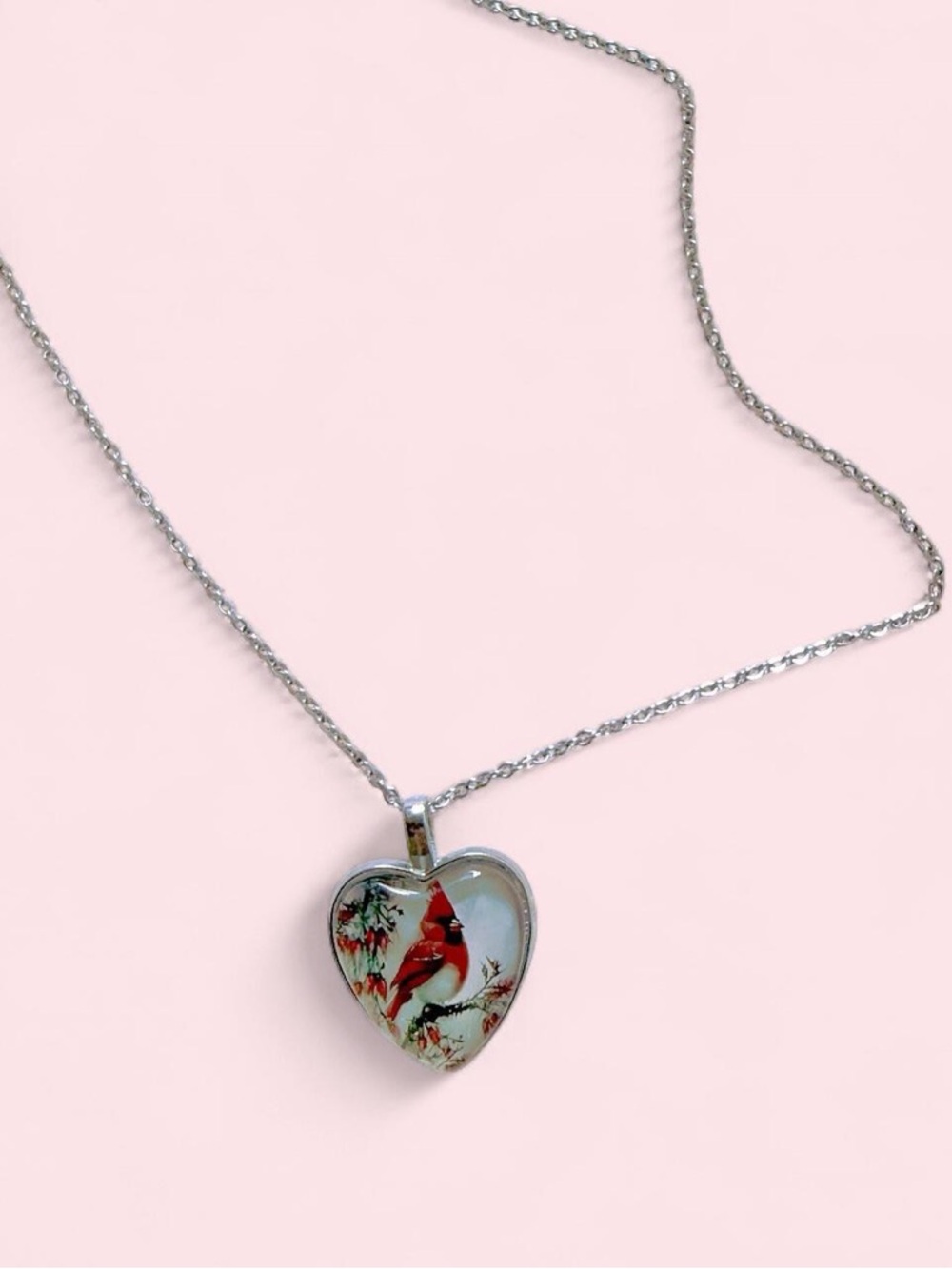 Vintage Silver Tone Heart Pendant Necklace with Red Cardinal Bird Design - Picture 2 of 4